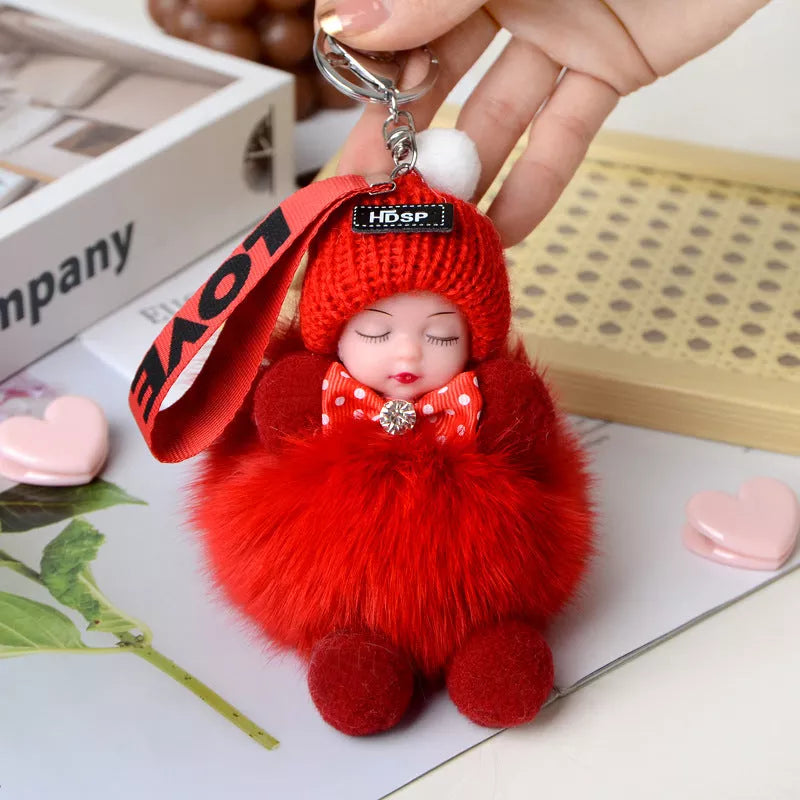 Hand-woven fox fur sleeping doll keychain pendant with optional bow