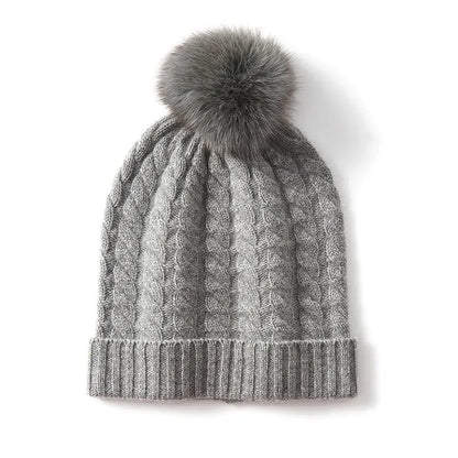 Women's cashmere knitted hat with fur ball in white velvet colour, average size, autumn winter accessory
