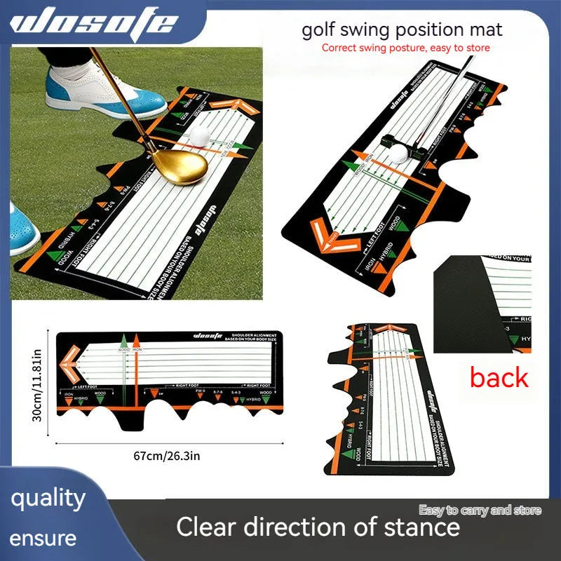Black neoprene golf swing posture pad with directional markings on a green surface.