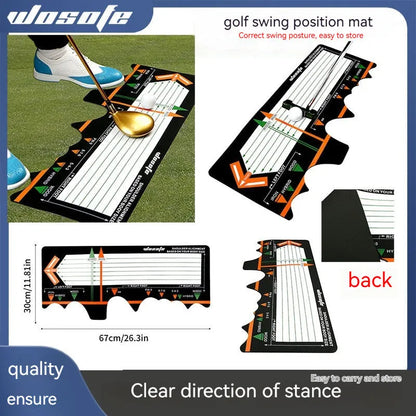 Black neoprene golf swing posture pad with directional markings on a green surface.