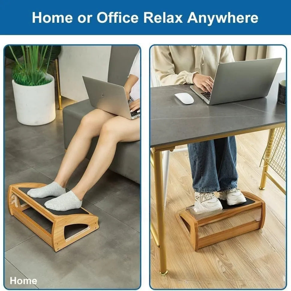 Wooden adjustable bamboo office desk footstool in natural wood colour with modern minimalist design