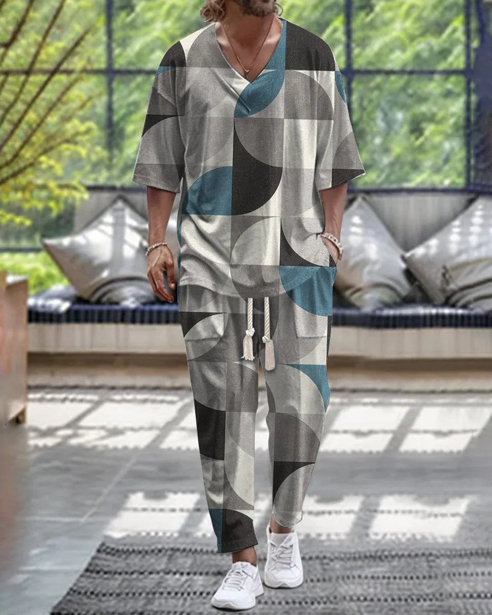 Cropped sleeves V-neck trousers suit in thin polyester fabric, available in multiple colours and sizes from S to 6XL