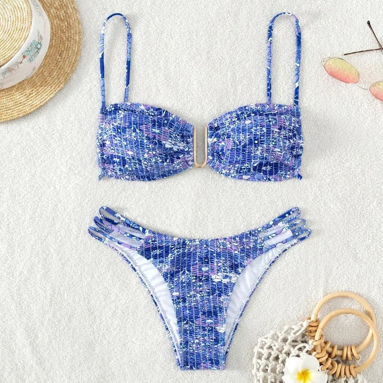 Women's floral bikini swimsuit set with high-waisted briefs in solid colours