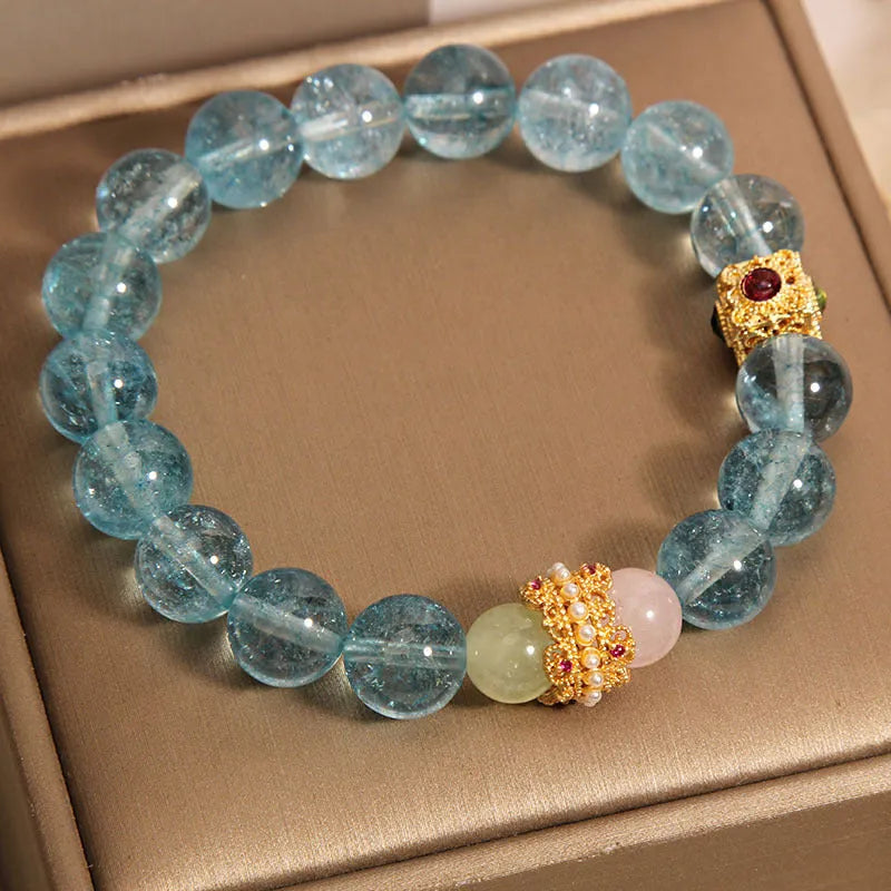 Women's flexible crystal bracelet with blue cube sugar beads and colourful crystal accents