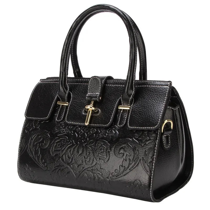 Vintage oval genuine leather women's crossbody bag with embossed sandwich pocket design