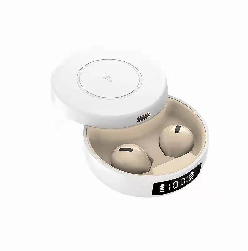 Mini small semi-in-ear wireless headphones with charging compartment, showing black and white colour options