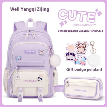 Pink waterproof Oxford cloth school backpack for girls with curved shoulder straps, shown with matching pencil case.