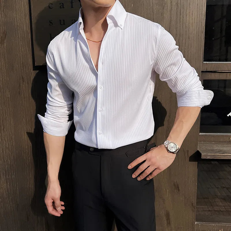 Men's dark stripes V-neck long sleeve cardigan shirt in regular fit for spring and autumn leisure wear