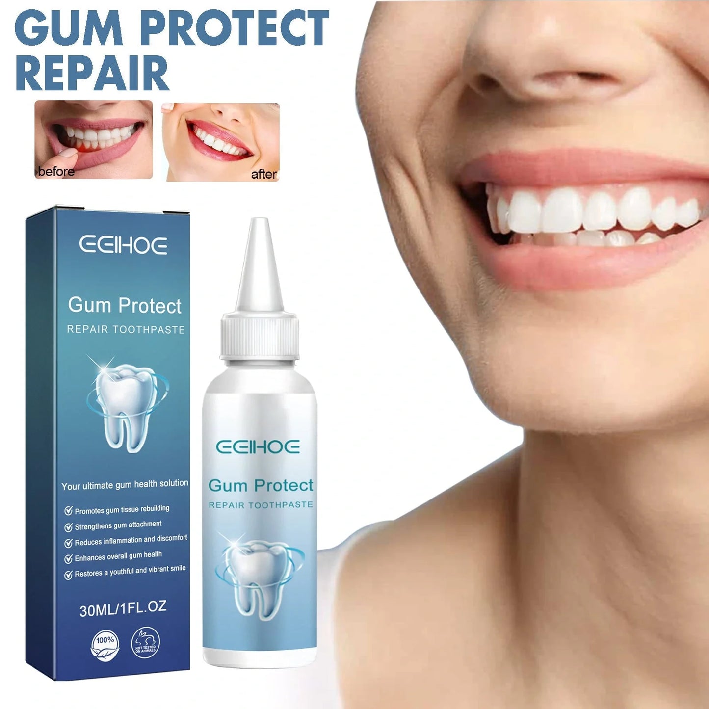 Gum Repair Series products including drops, essence, and spray for rejuvenating oral health and removing tooth stains