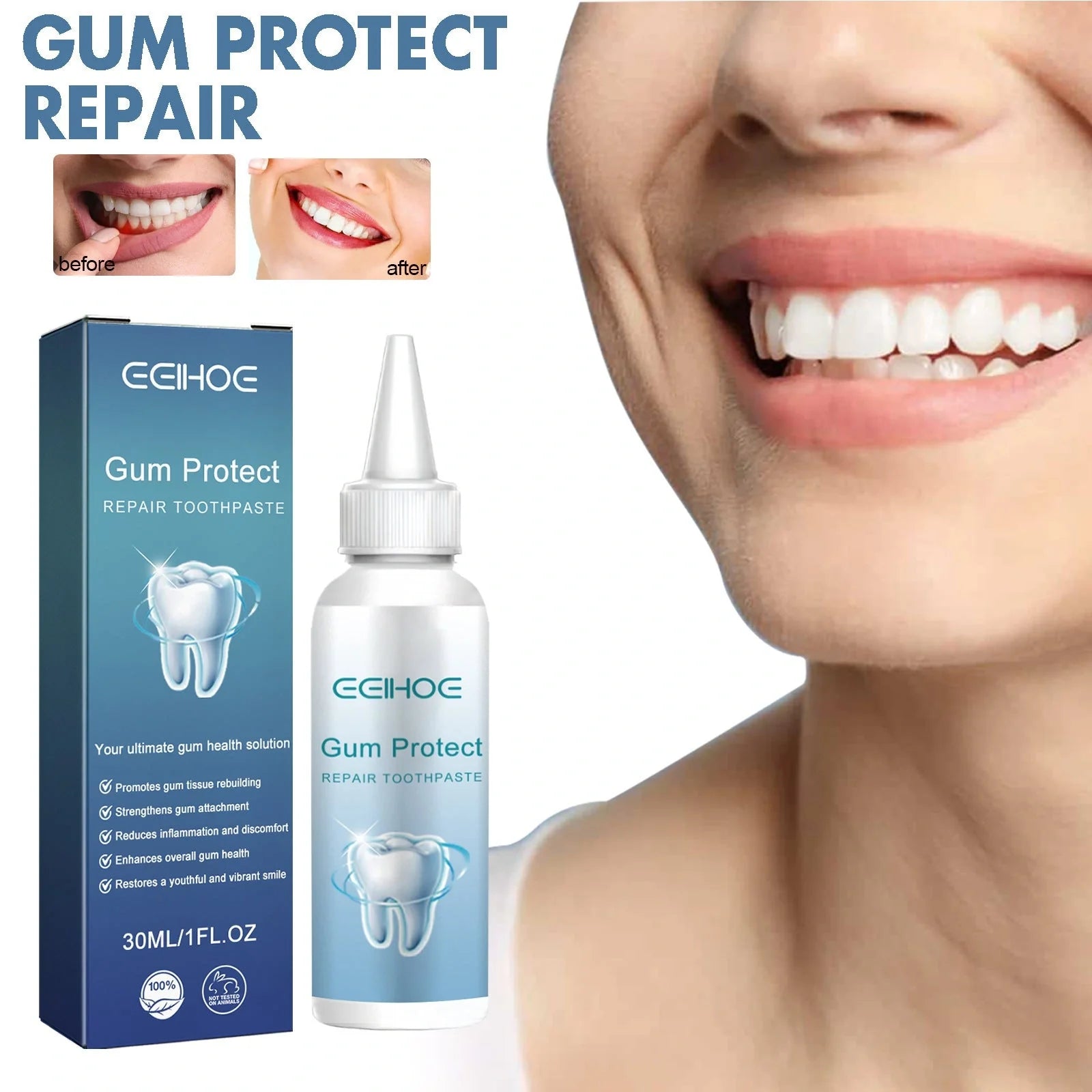 Gum Repair Series products including drops, essence, and spray for rejuvenating oral health and removing tooth stains