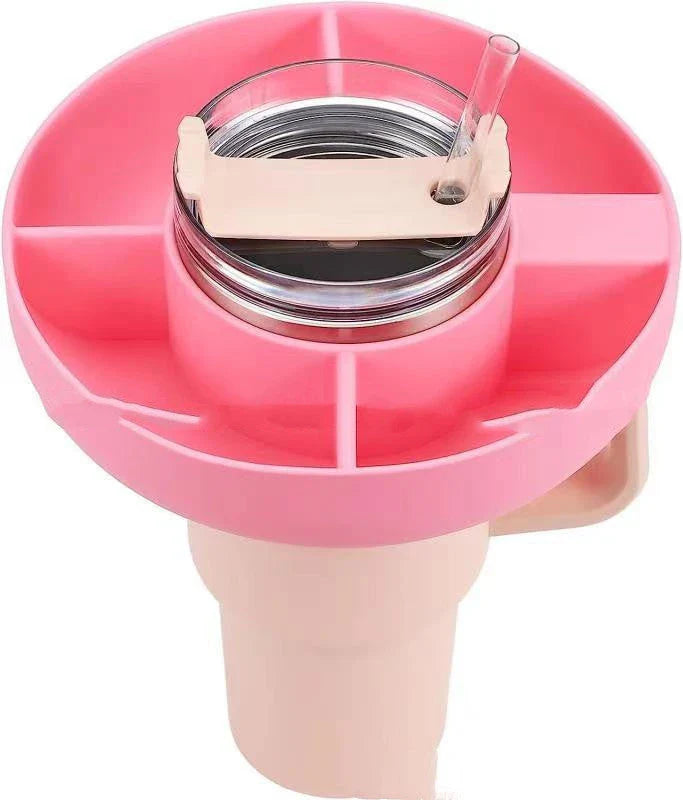 Versatile Silicone Snack Tray with four compartments, designed to attach to 40oz Stanley cups for convenient on-the-go snacking