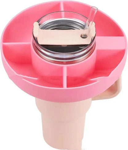 Versatile Silicone Snack Tray with four compartments, designed to attach to 40oz Stanley cups for convenient on-the-go snacking