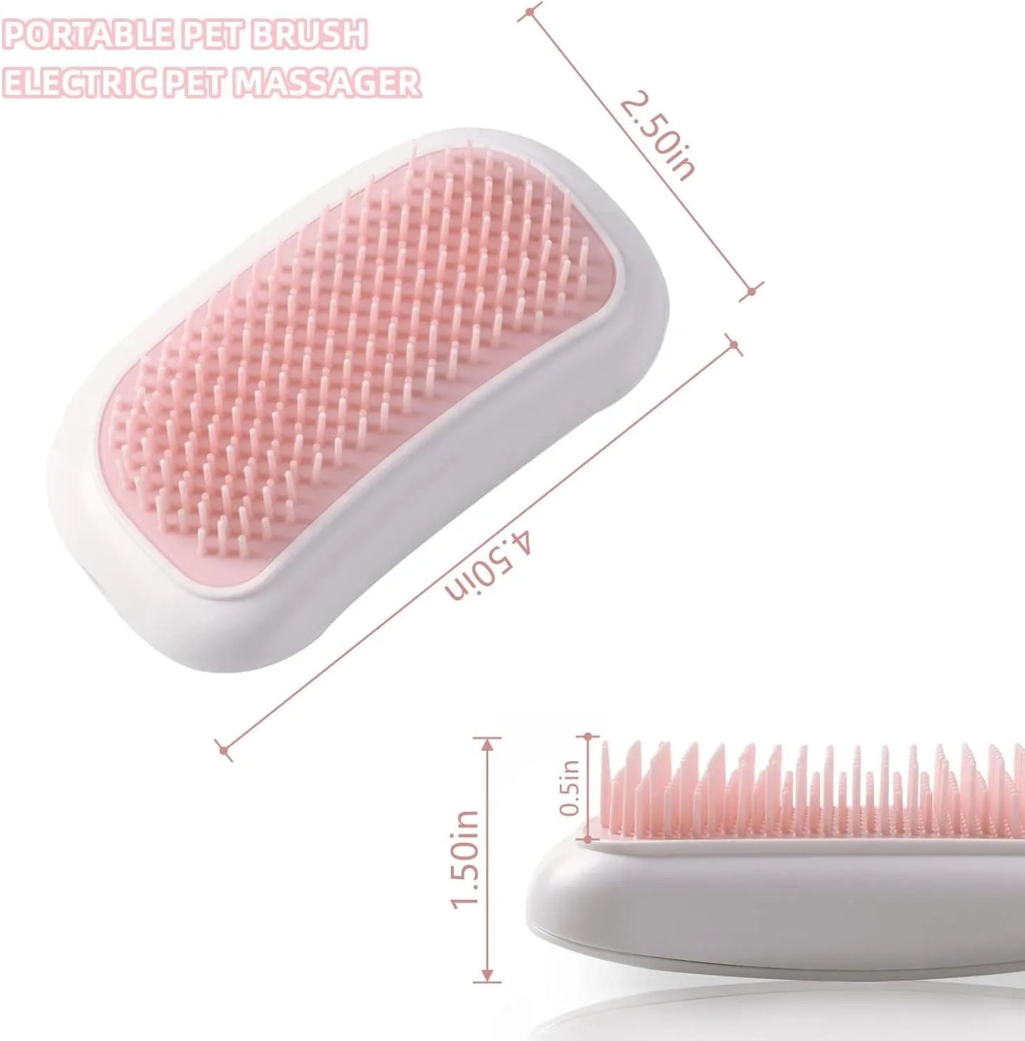 Pink Fuigarry handheld electric pet brush with soft teeth, placed on a carpet next to a cat.