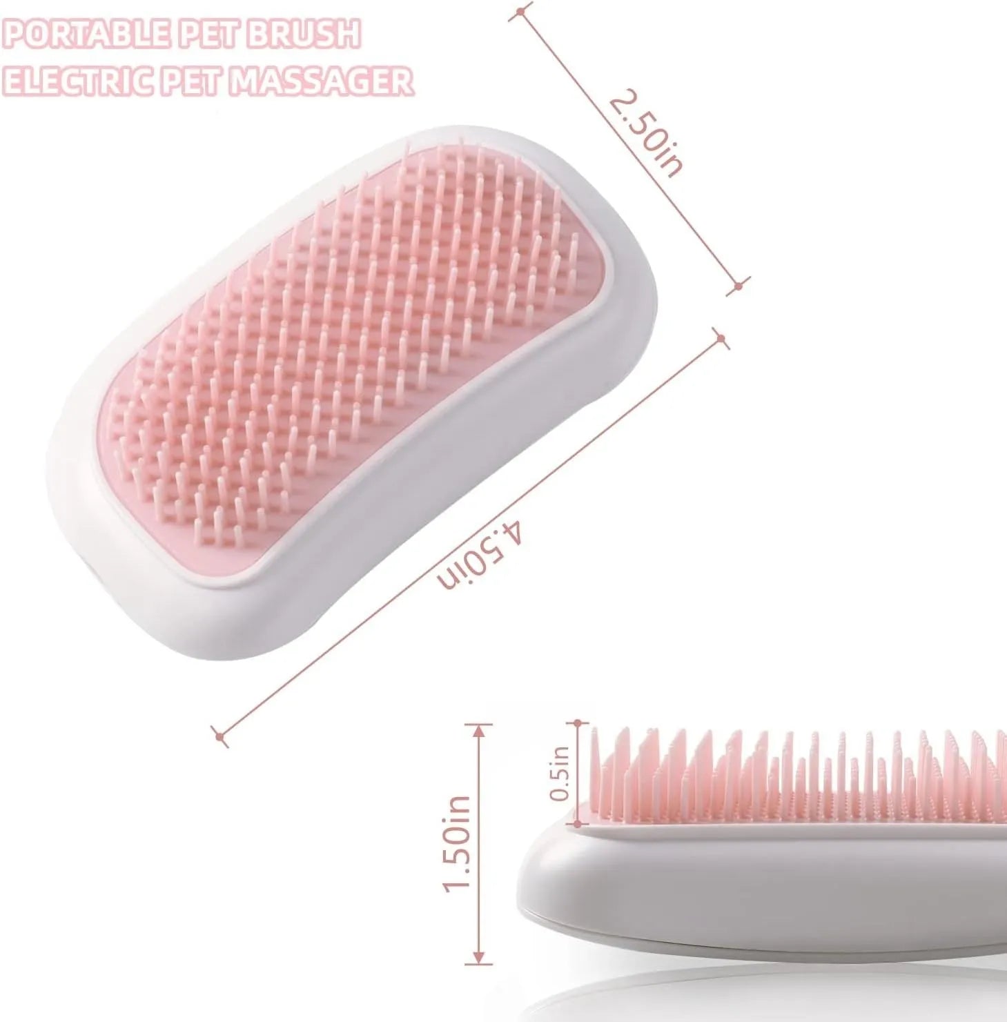 Pink Fuigarry handheld electric pet brush with soft teeth, placed on a carpet next to a cat.