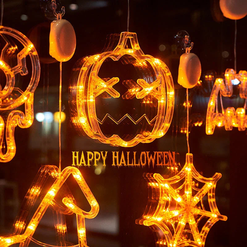 Spooktacular Halloween Hanging LED Lights with spiders, pumpkins, and ghostly figures for a haunting holiday ambiance