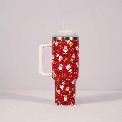 Christmas pattern stainless steel vacuum tumbler with handle and straw