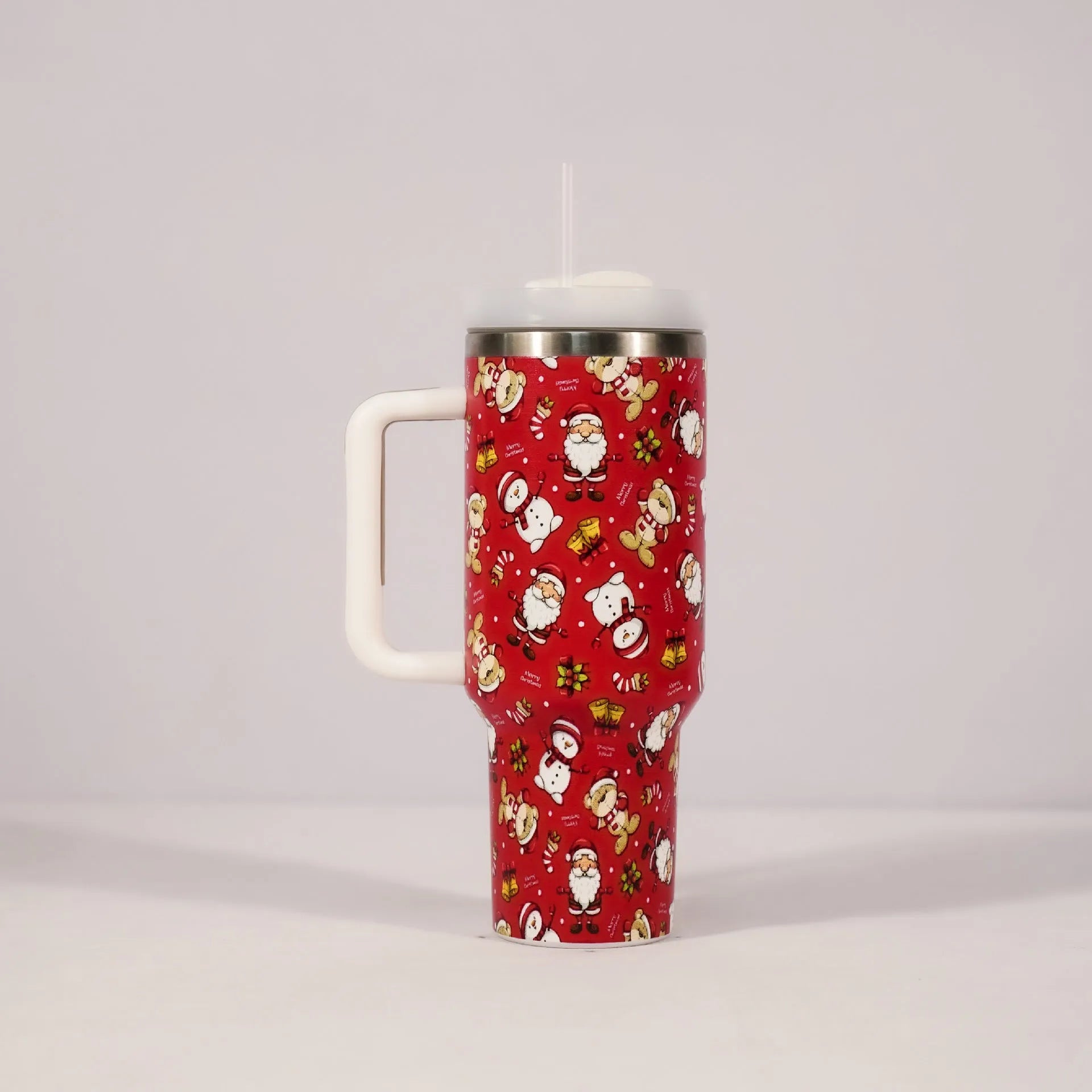 Stainless steel travel tumbler with handle, 1200ml capacity, Christmas pattern design, car cup holder compatible