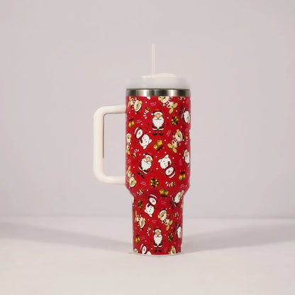 Stainless steel travel tumbler with handle, 1200ml capacity, Christmas pattern design, car cup holder compatible