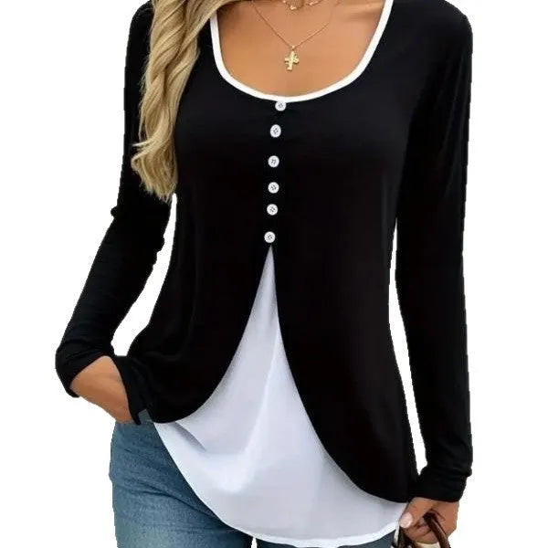 Women's two-piece long-sleeved T-shirt set in contrast colour, slim fit, available in black pink violet light gray