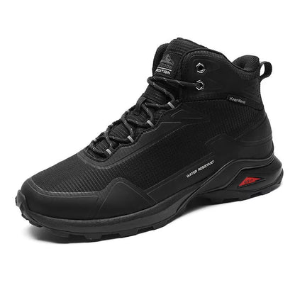 Men's high-top winter hiking shoes in red, black, and gray with nylon and leather upper