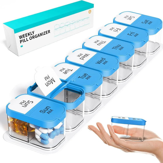White and rainbow PP plastic pill box with 14 removable grids, showing 327mm length and detached compartments