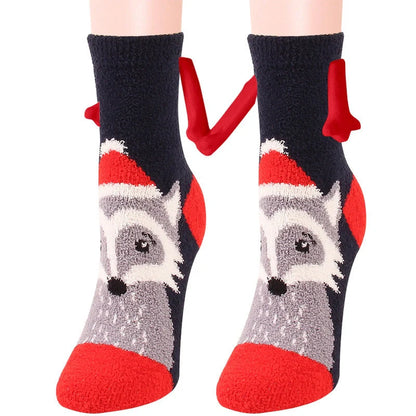 Christmas couple socks with magnetic connection feature and 3D animal patterns
