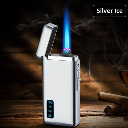 Metal windproof electric lighter showing compact 77.5mm design with USB charging port and flame adjustment