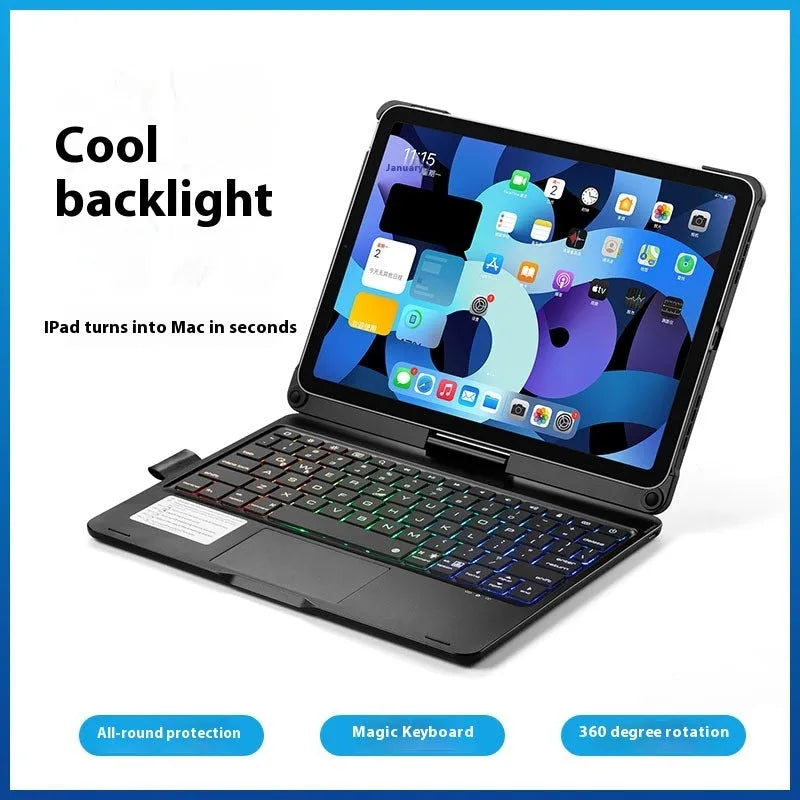 Miaocontrol silver Bluetooth keyboard rotated to portrait mode with an iPad Pro 11-inch attached