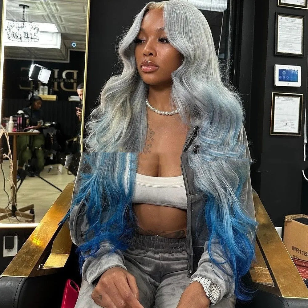 Gradient grey blue human hair wig with straight Ruili style on 4x4 lace front cap