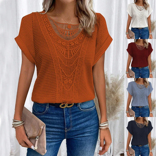 Women's short-sleeve tee in various colors, featuring a unique hollow-out design and soft, comfortable polyester fabric