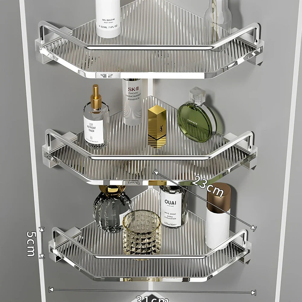 Acrylic bathroom shelving unit with space aluminium frame in gold finish showing three-tier configuration
