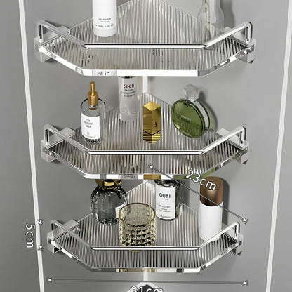 Acrylic bathroom shelving unit with space aluminium frame in gold finish showing three-tier configuration