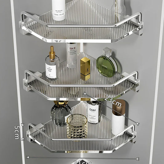 Acrylic bathroom shelving unit with space aluminium frame in gold finish showing three-tier configuration
