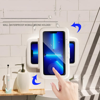 Waterproof shower phone holder mounted on bathroom tile with mobile phone visible through anti-fog window