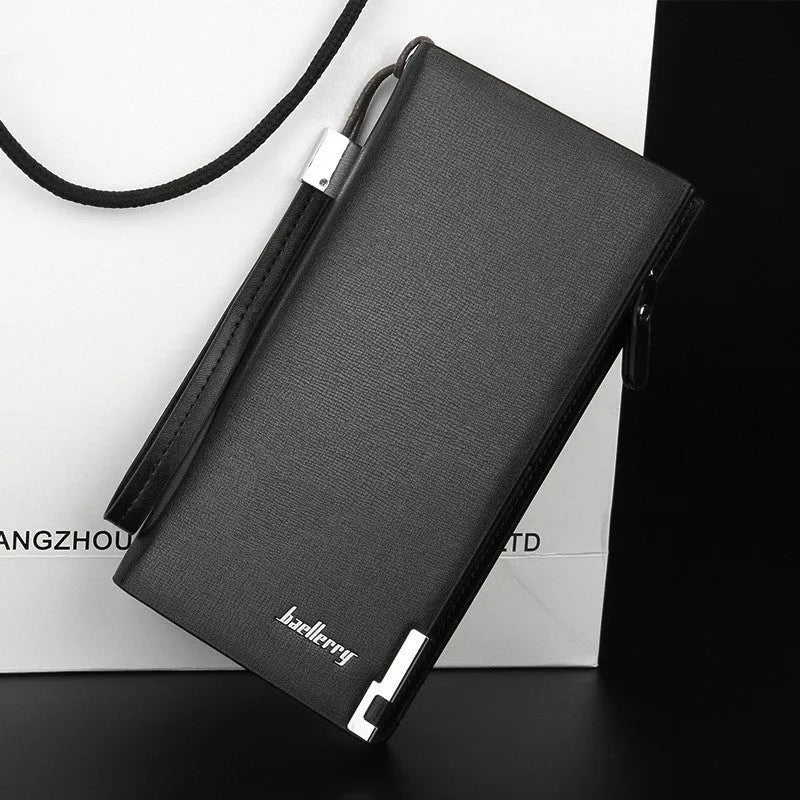 Men's long zip wallet in waterproof PU leather showing black and brown colour variations