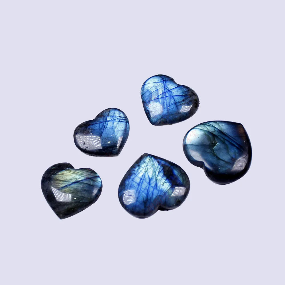 Natural pulled feldspar geometric heart pendant in ocean blue moonlight colours showing size variations