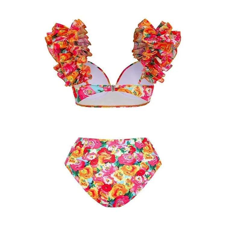 Women's floral print push-up bikini set with high-waist briefs and matching swimsuit skirt