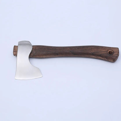 Camping axe with wooden handle and high carbon steel head on a log, showing its 250mm length.