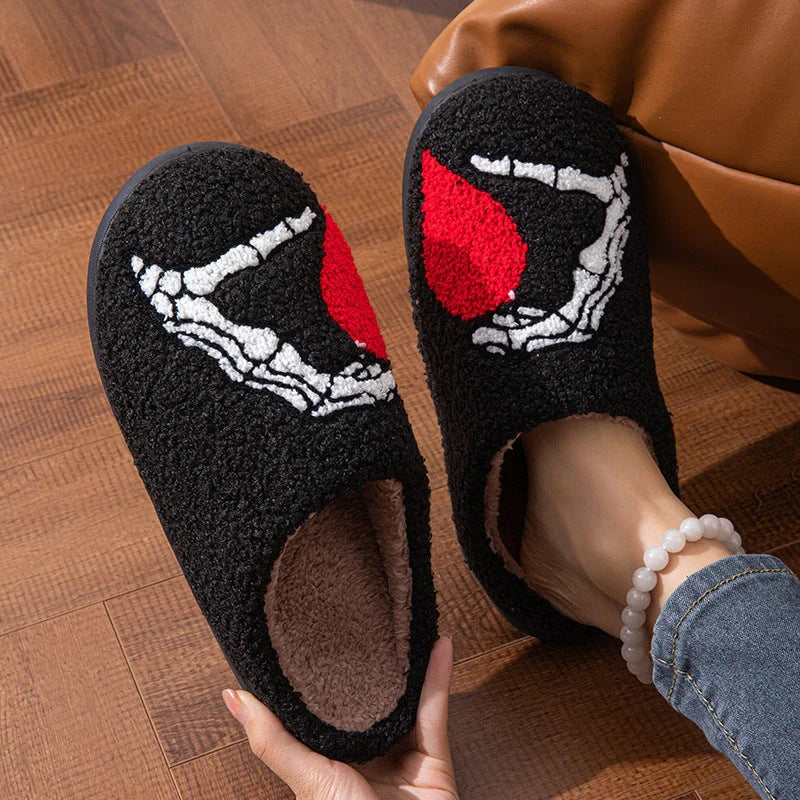 Halloween skull-hand non-slip slippers in white and black with suede uppers