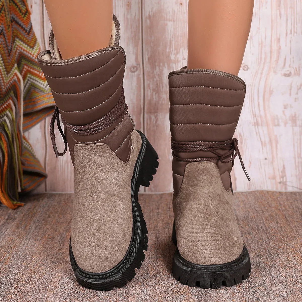 Women's black suede chunky heel snow boots with lace-up design and fleece lining, size 38 displayed