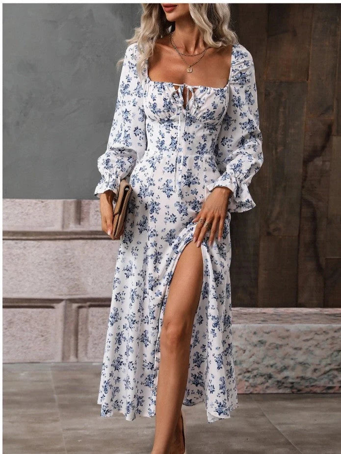 Charming floral long sleeve dress with square neckline and side slit for stylish women
