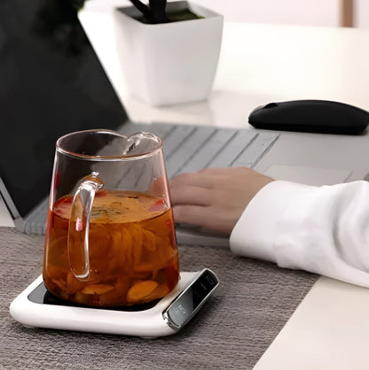 Black USB-powered cup warmer with three temperature settings and drinking reminder