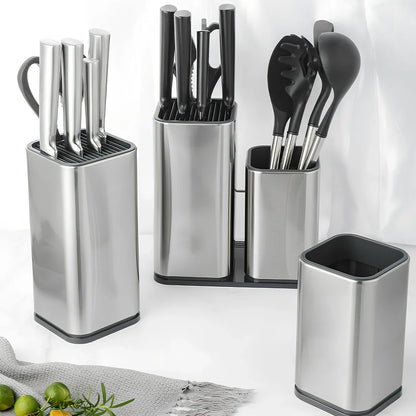 Stainless steel knife holder storage bucket with free insertion design for kitchen organisation