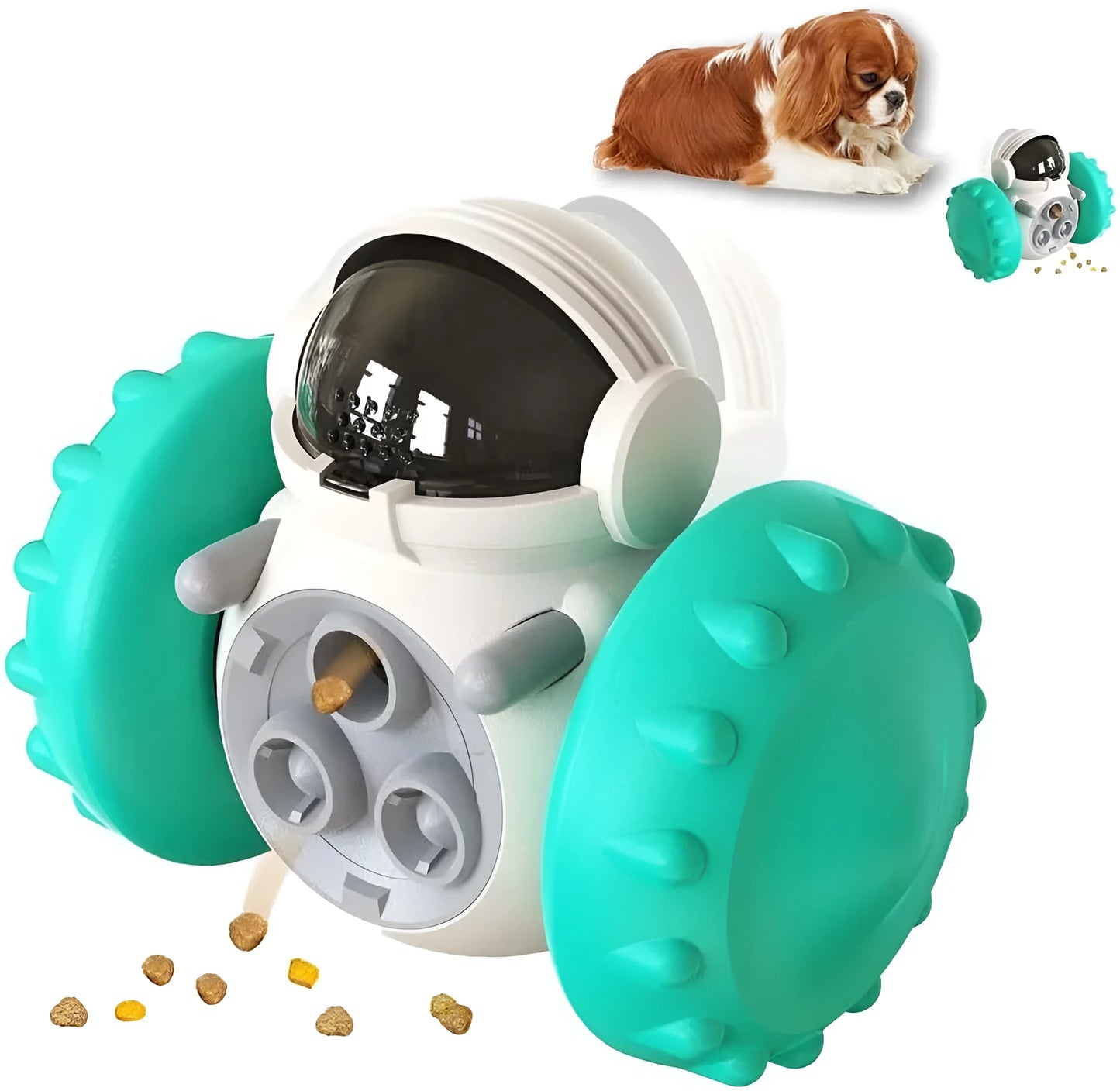 A small, colourful rolling dog toy with treat openings, shown on a wooden floor.