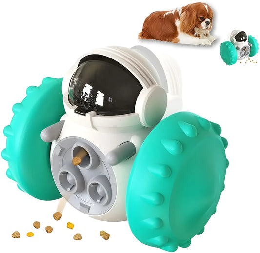 A small, robot-shaped, self-balancing dog treat dispenser toy in various colours, rolling on a floor.