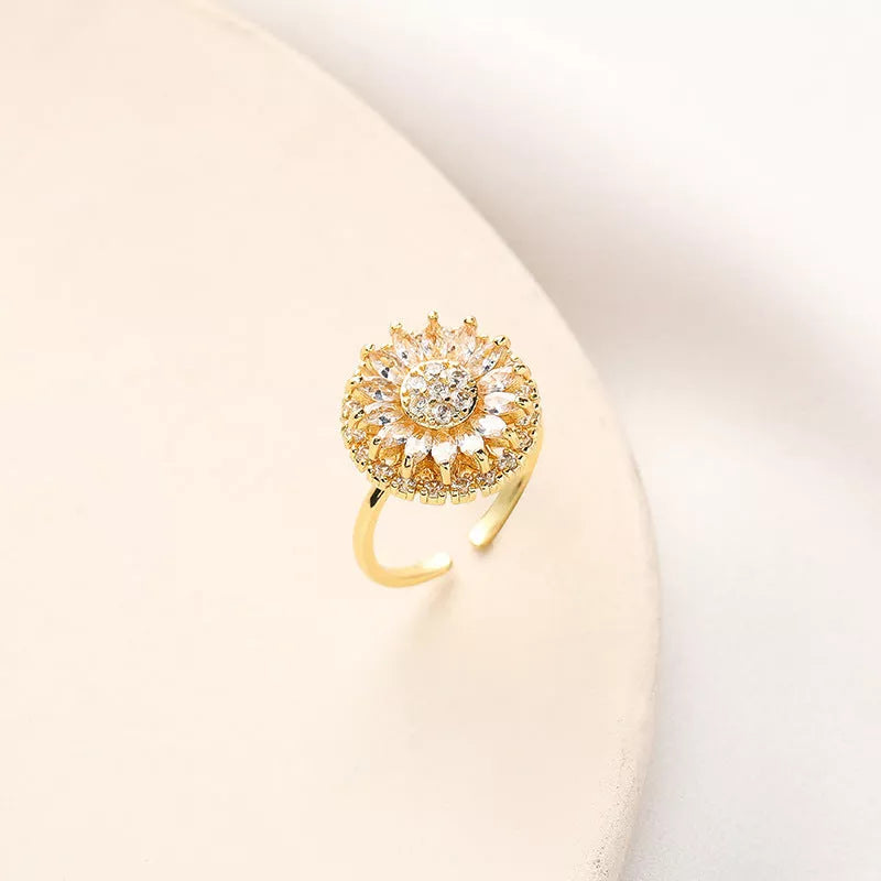 Sunflower stainless steel jewelry set with zircon accents, including necklace, ring, and earrings