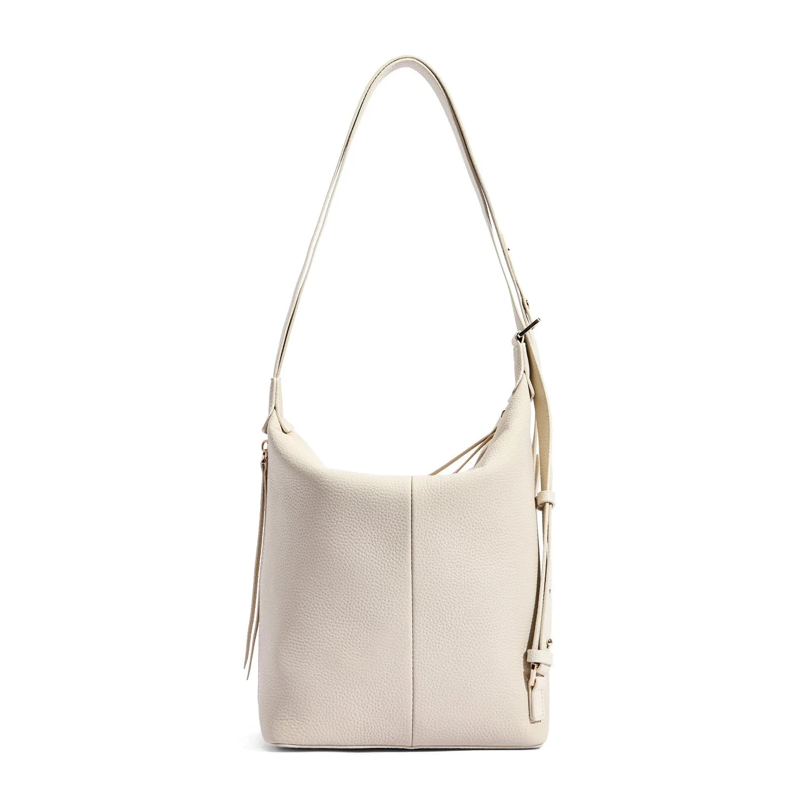 Women's genuine cowhide leather bucket bag in elephant grey colour showing soft texture and large capacity design