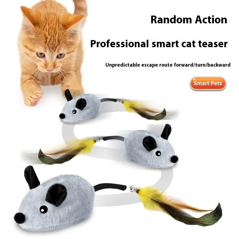 Intelligent Charging Simulation Electric Little Mouse Cat Teaser Toy with Double or Single Tail Decoration and Feather Attachment for Interactive Pet Play in Gray or Yellow Plastic