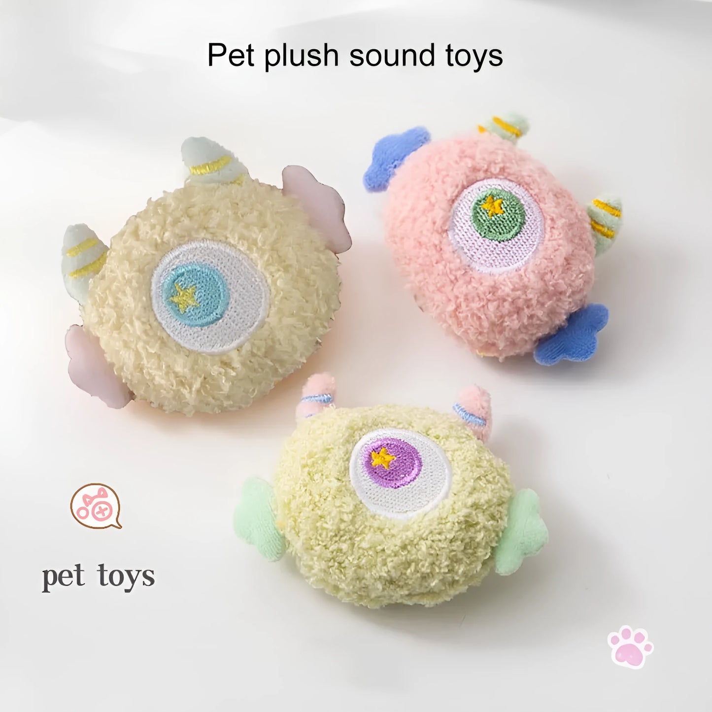 Cartoon-shaped plush dog chew toy with squeaker in grey, green, pink, white or yellow colours