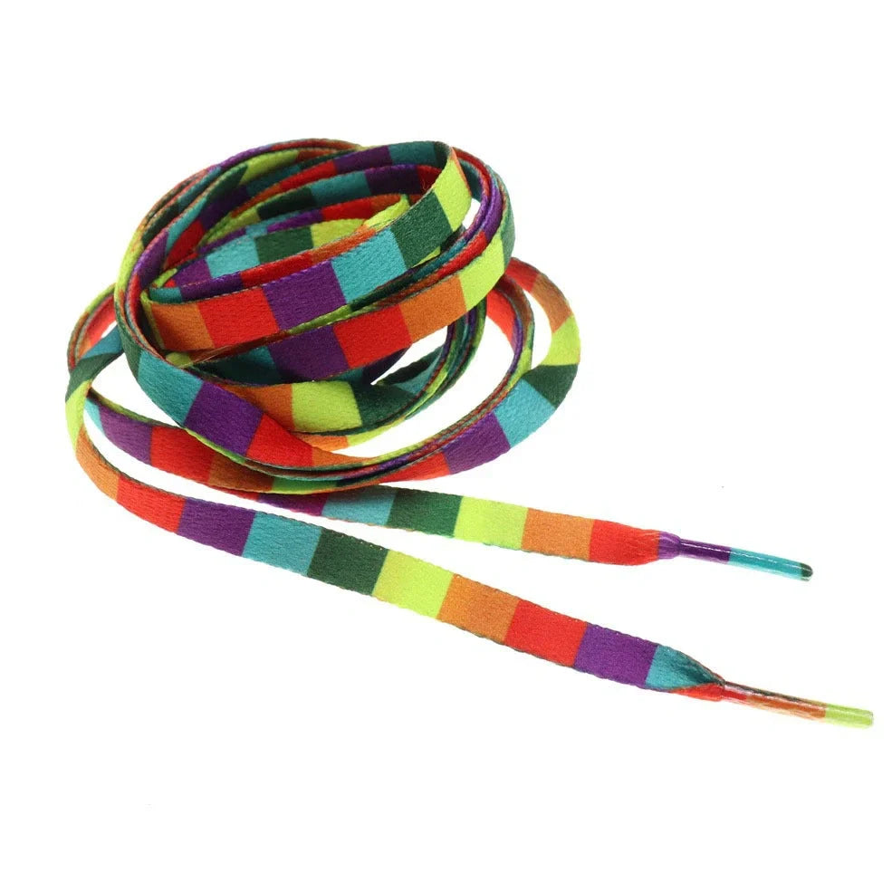 Pair of square rainbow gradient woven shoelaces, 0.8cm wide, lengths 80-200cm, fade-resistant for unisex shoes